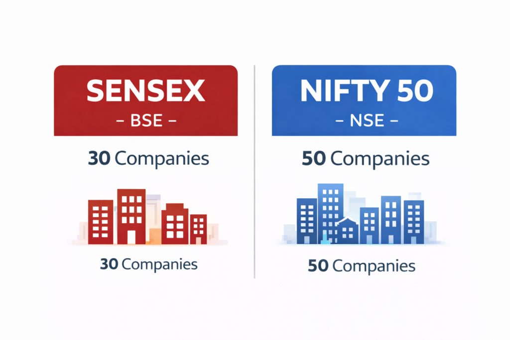 Difference between Sensex and Nifty 50 India simple comparison infographic