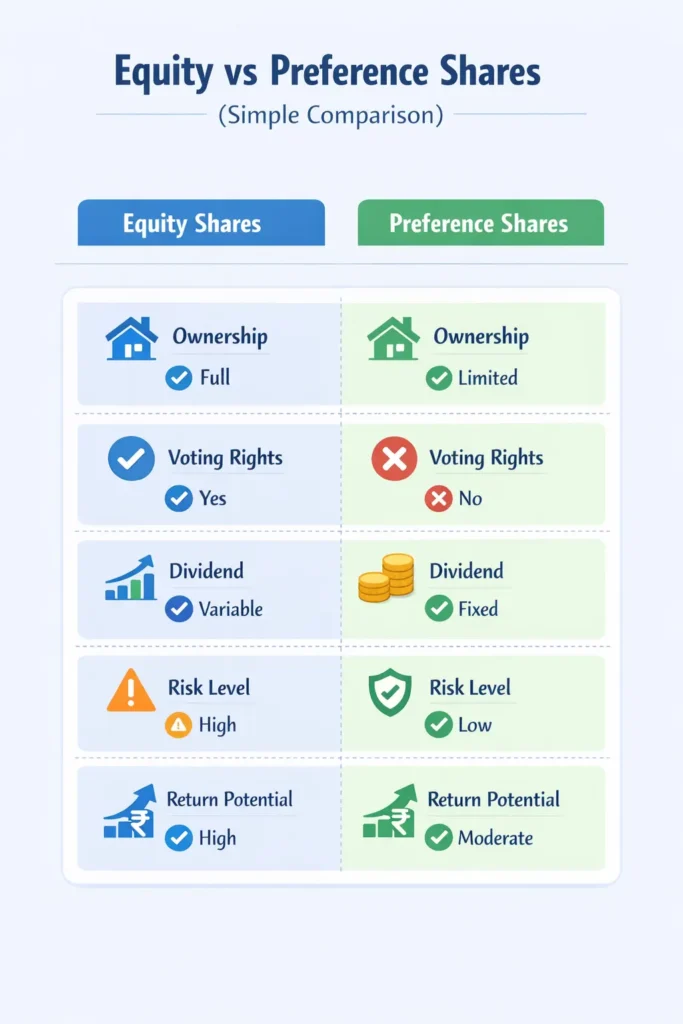 equity vs preference shares difference India comparison table