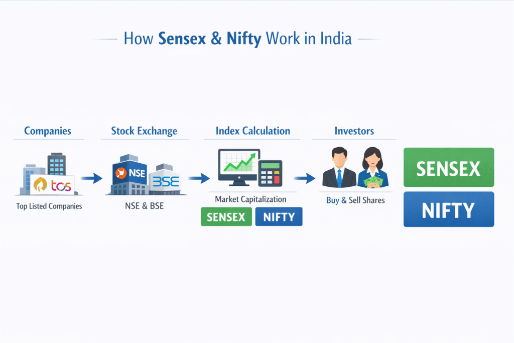 how sensex and nifty works in India step by step infographic