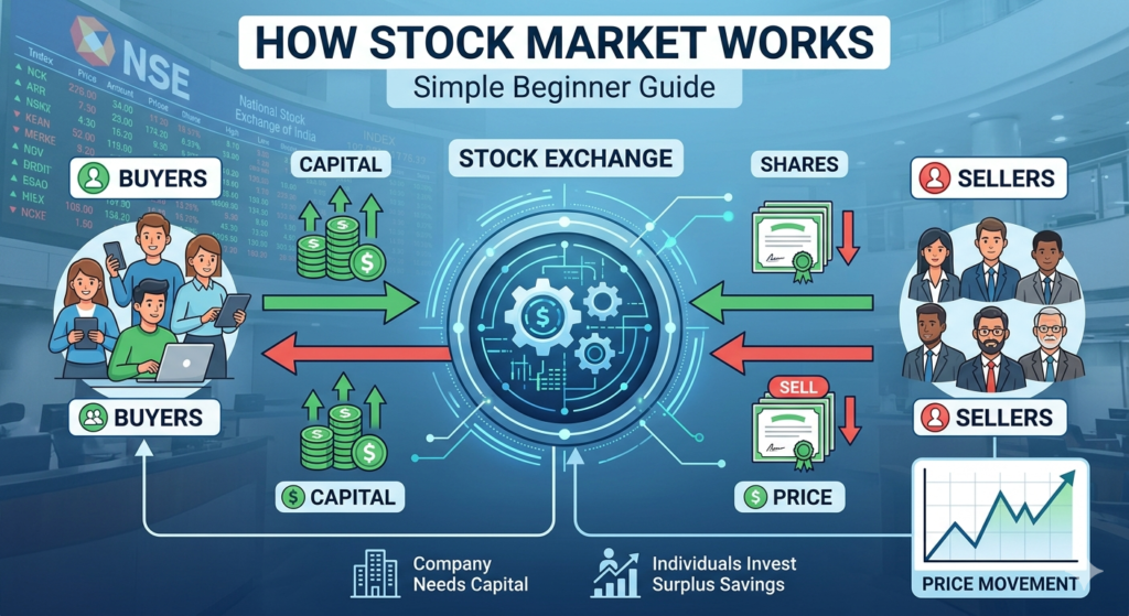 A simple infographic explaining how stock market works for beginners with buyers sellers and stock exchange trading floor