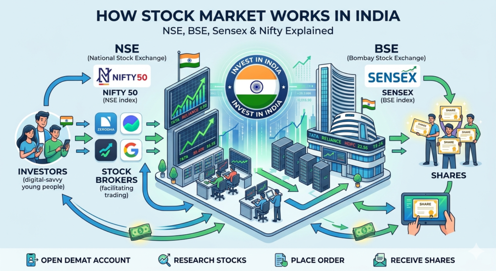 An infographic showing how stock market works in India including NSE BSE Sensex and Nifty with simple explanation

