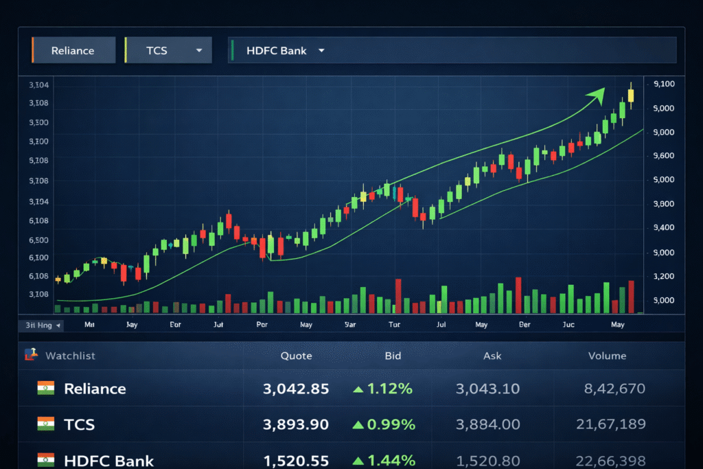 stock market examples in India showing Reliance TCS and HDFC Bank share price growth chart for beginners