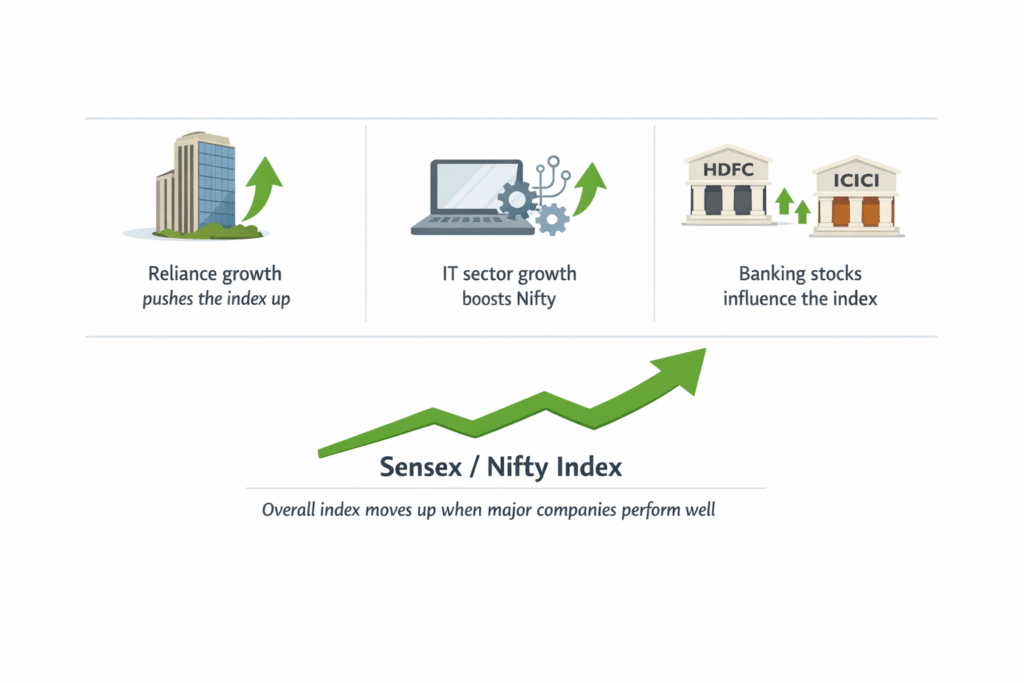 sensex nifty examples India Reliance TCS stock growth chart