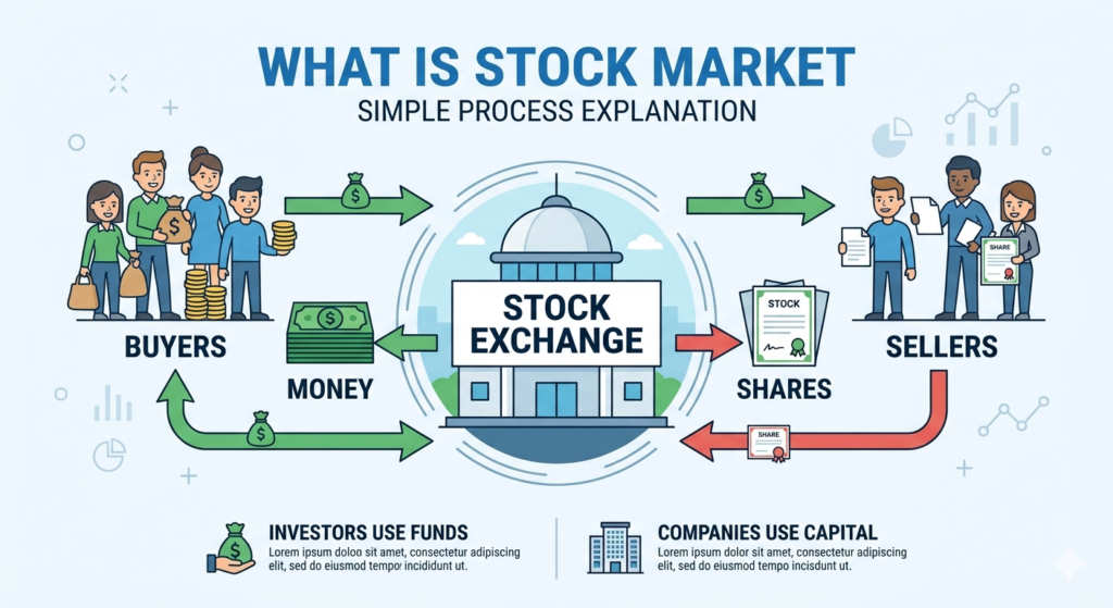 A clear diagram showing what is stock market with buyers sellers and stock exchange process explained simply