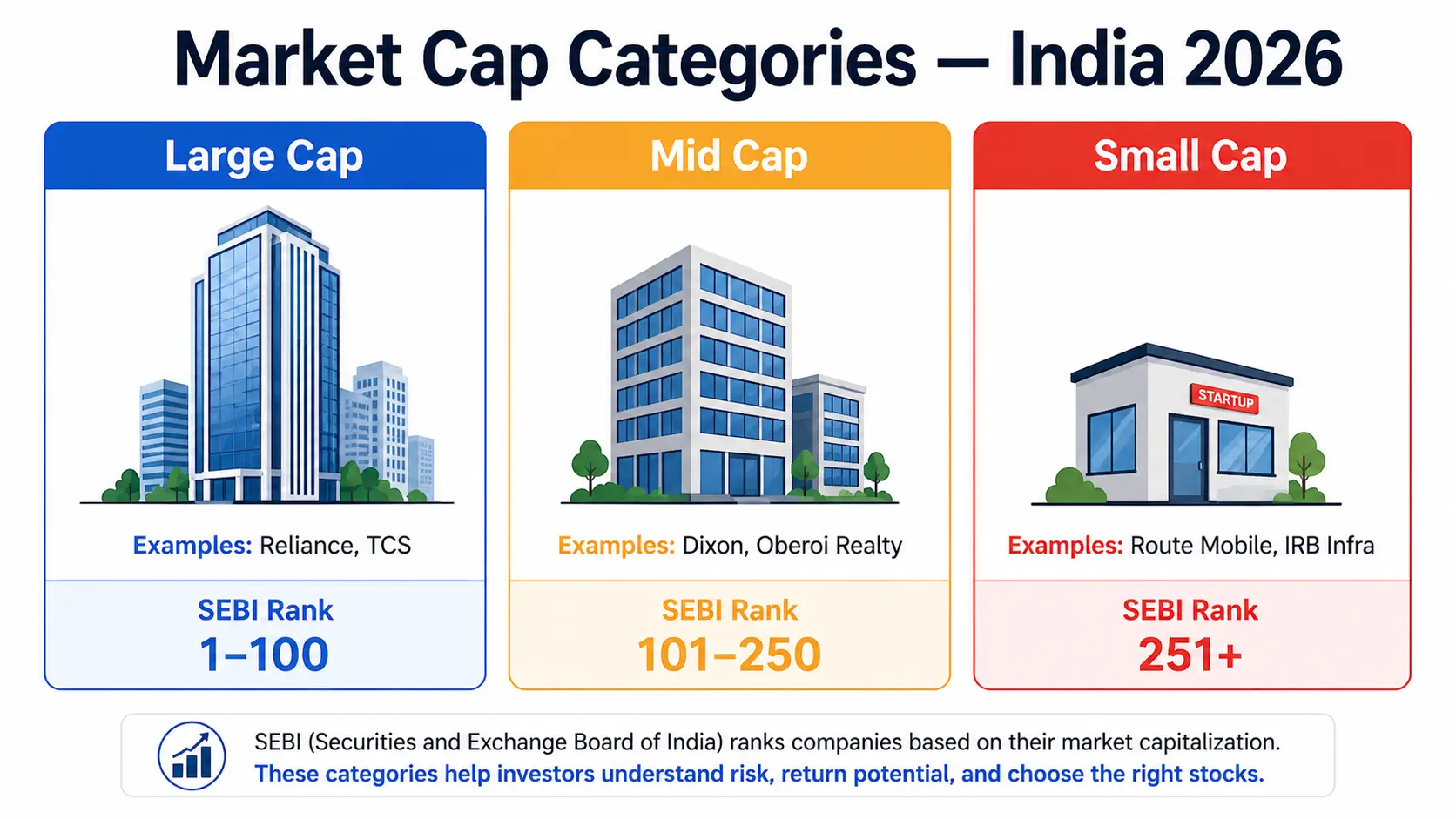 Large cap vs mid cap vs small cap stocks India comparison chart 2026