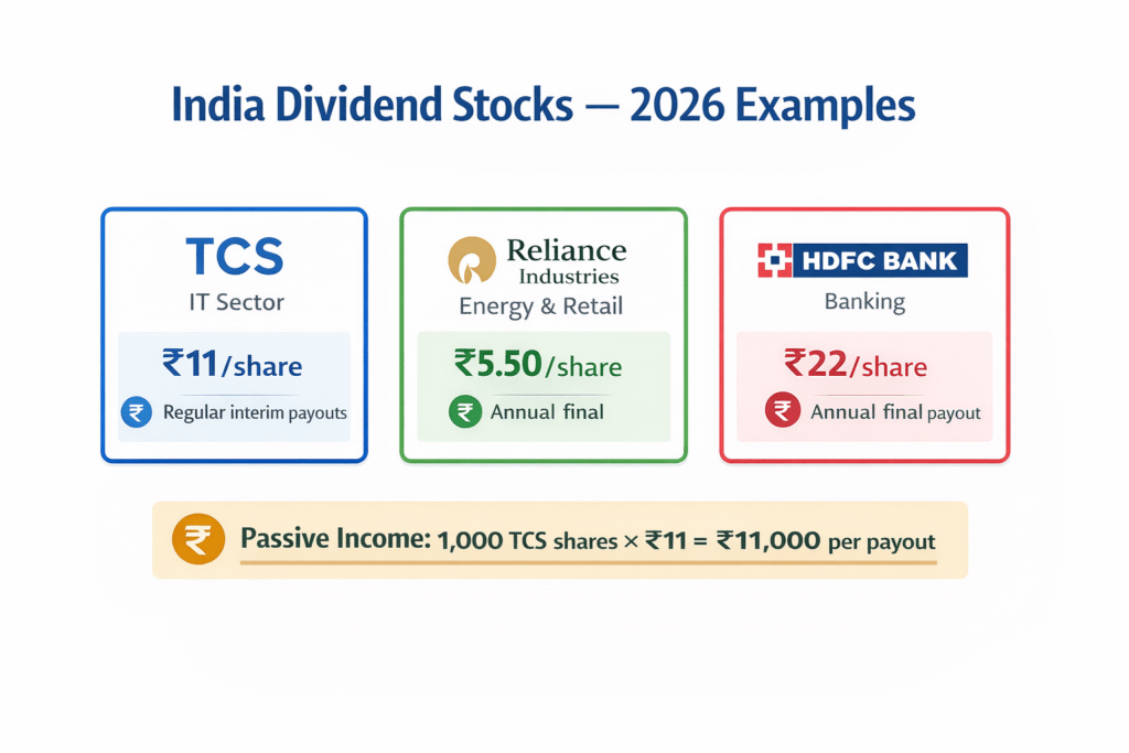 india dividend stocks tcs reliance hdfc bank 2026 passive income example