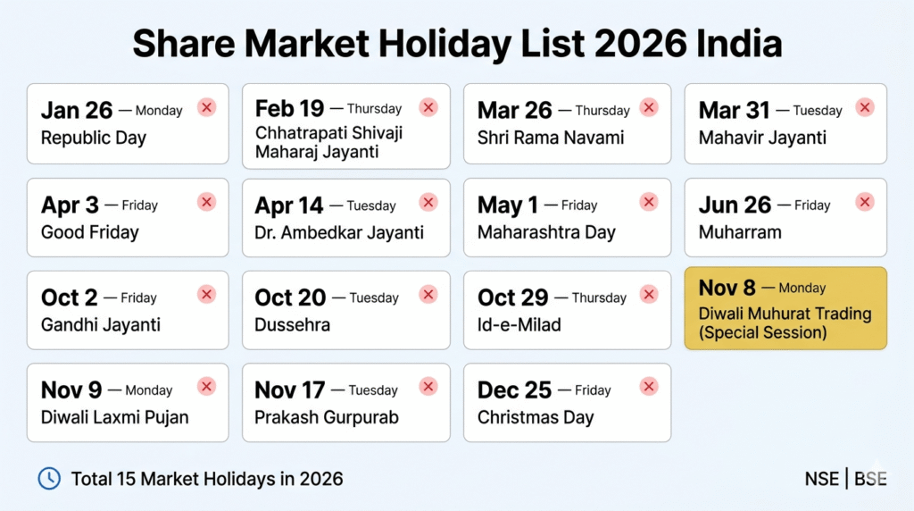 share market holiday list 2026 india nse,bse complete calendar .