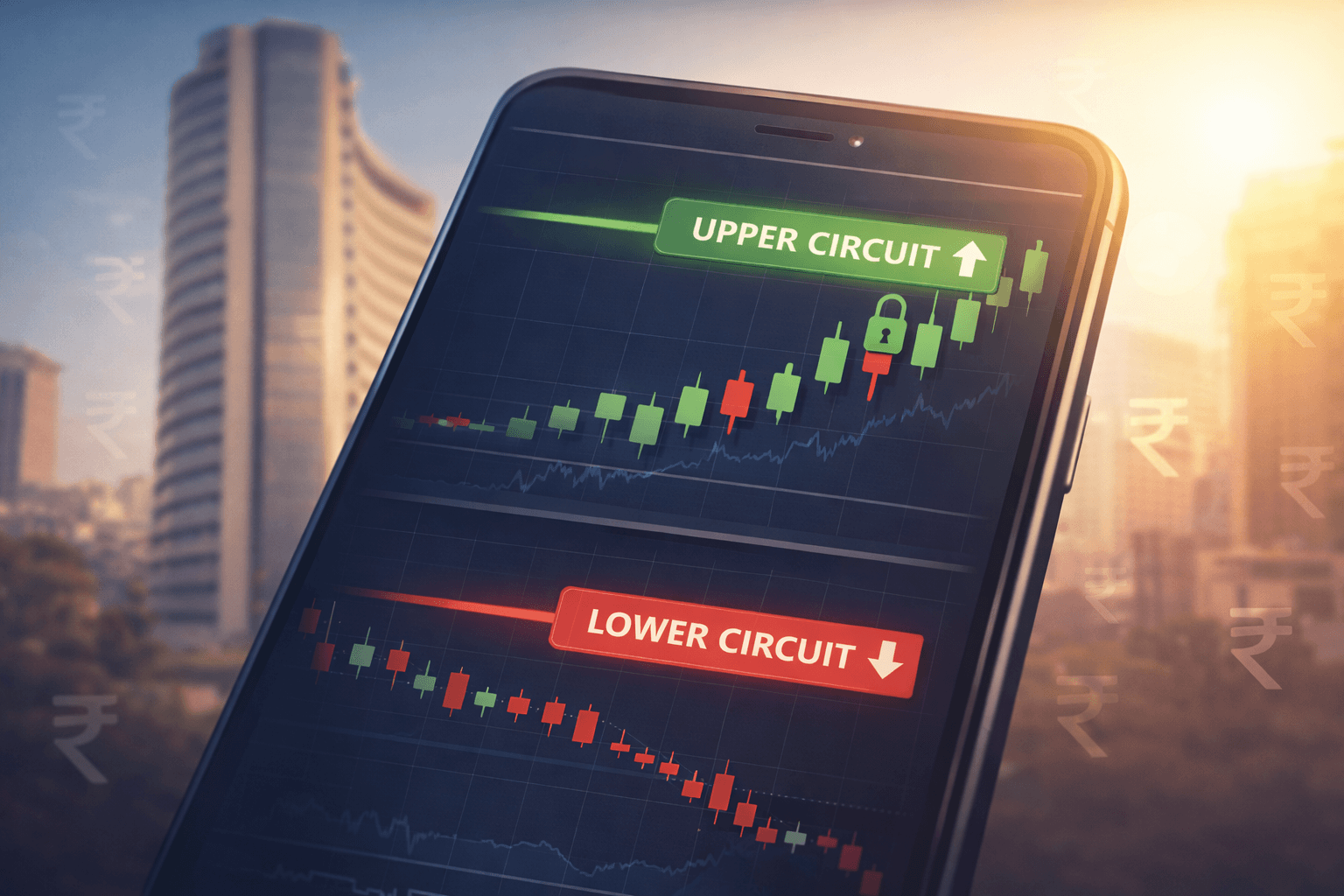 Upper circuit and lower circuit shown on Indian stock trading app screen