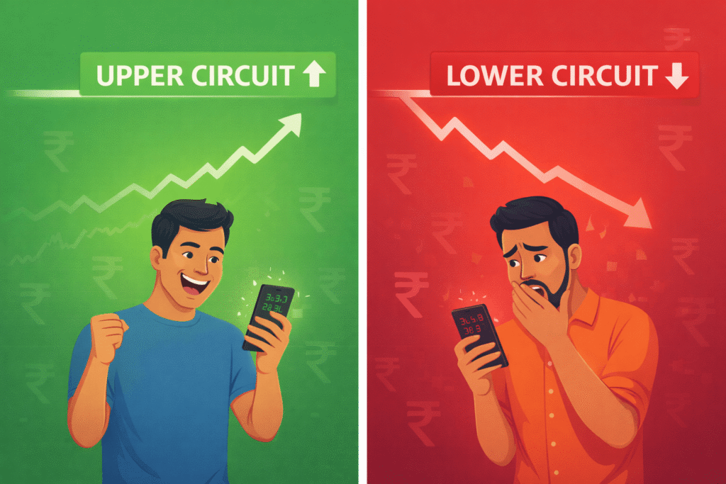 Upper circuit vs lower circuit comparison infographic for Indian stock market