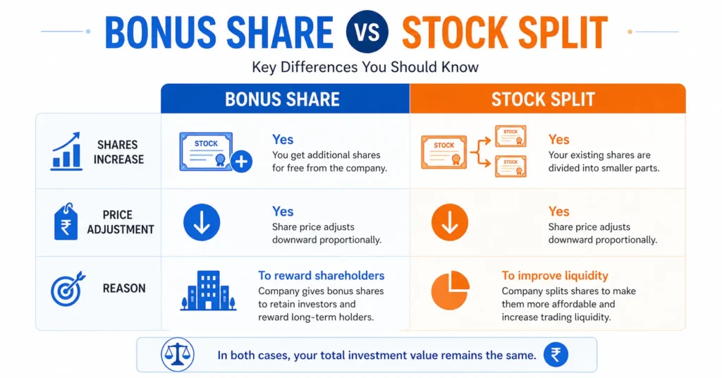  bonus share vs stock split difference india
