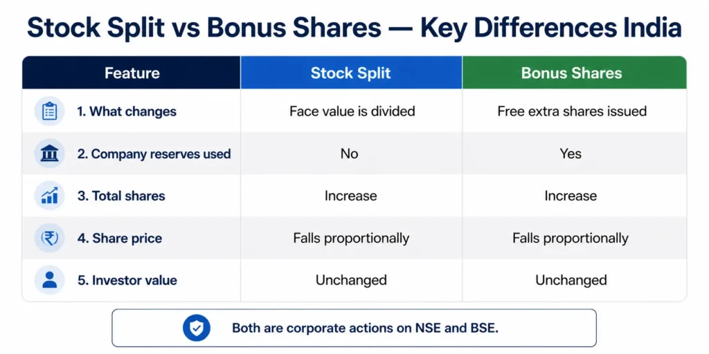 stock split vs bonus shares comparison table India difference