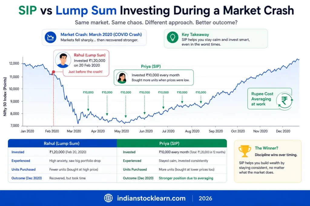 SIP vs lump sum during market crash India rupee cost averaging example 2026