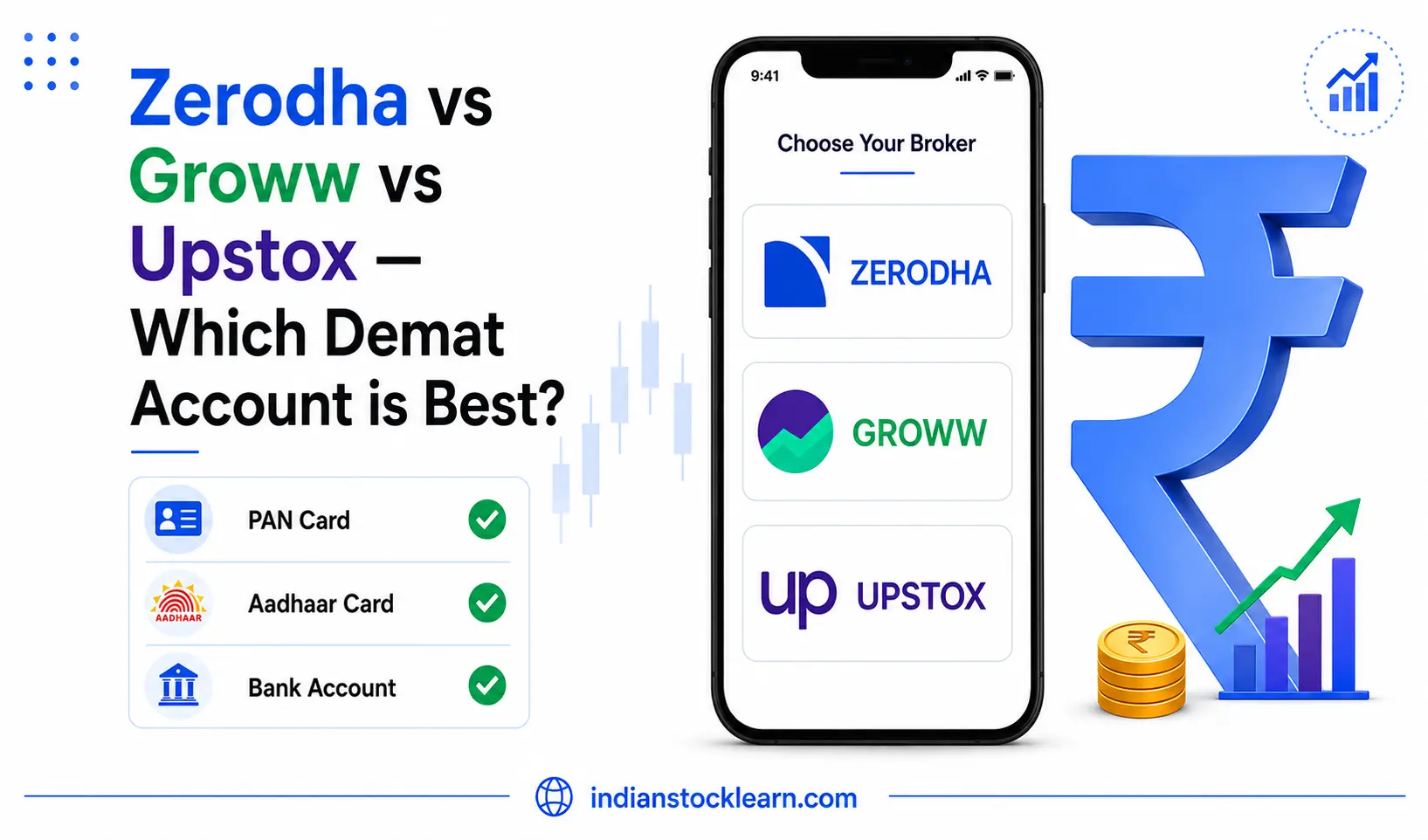 how to open demat account in India 2026 — Zerodha Groww Upstox comparison