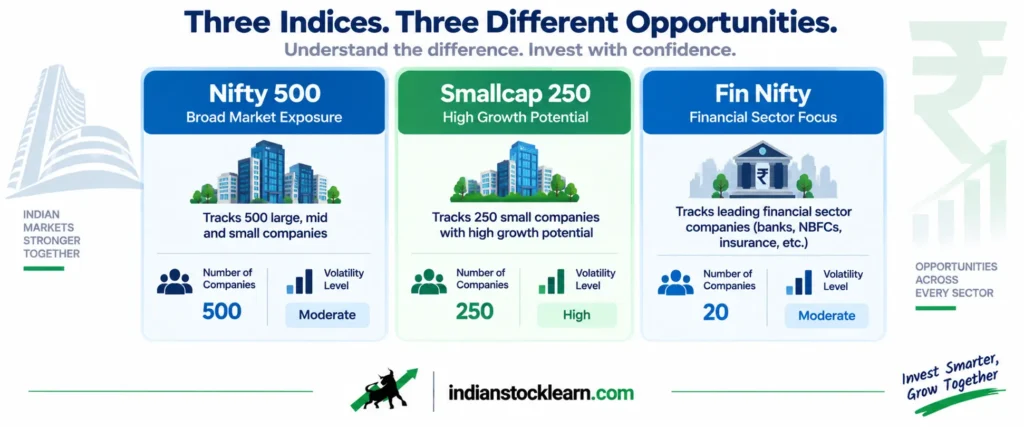 nifty 500 vs smallcap 250 vs fin nifty comparison chart 2026